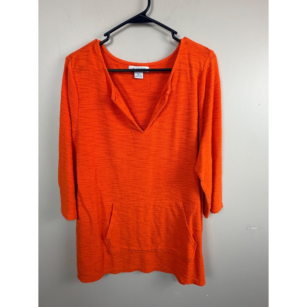 Liz Claiborne Weekend Tunic Top Womens XL Orange Split Neck Kangaroo Pocket